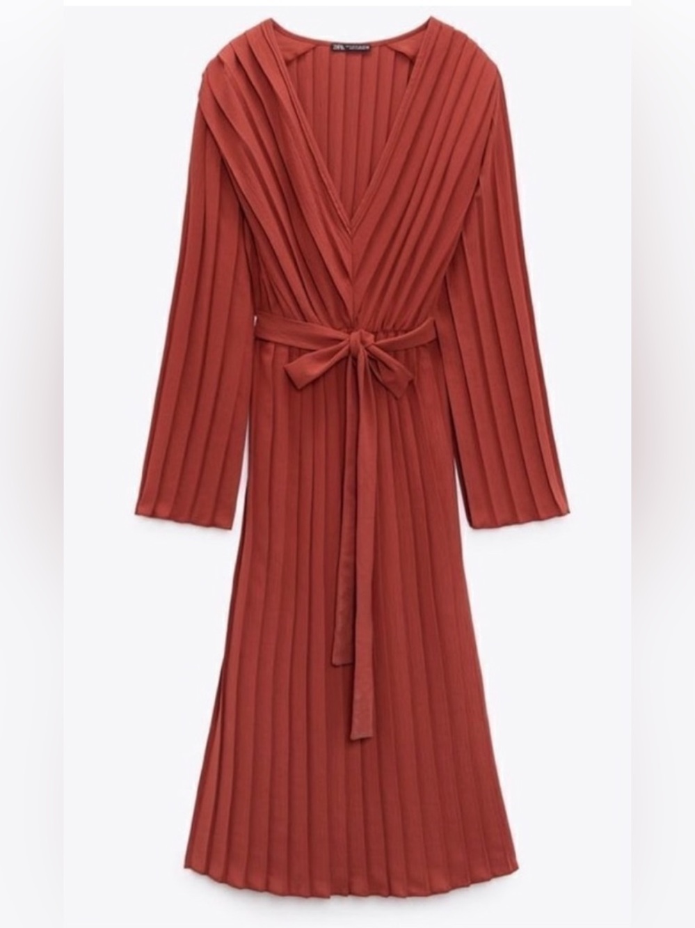 Zara Woman’s Pleated Midi Dress Size M Brick Red Tie Belt V-Neck 1165/526